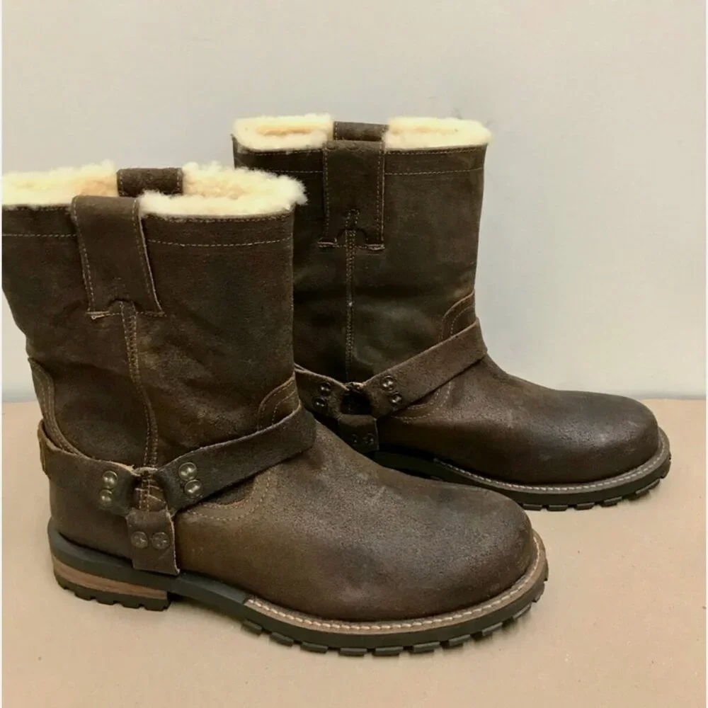 Luxe de Leon Santo Harness Leather Shearling Pull On Boots